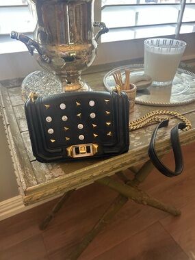 Rebecca Minkoff Black Studded Mini Crossbody with Gold Chain